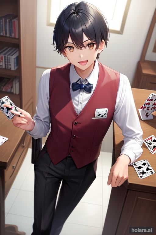 Image of card,playing card, 1 boy, finger guns, laughing, vest, collared shirt, pants, view from above