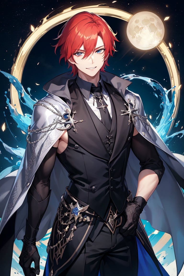 Image of slender male redhead magician wearing an intricate silver cloak and black sleeveless shirt smiling under a deep blue moon
