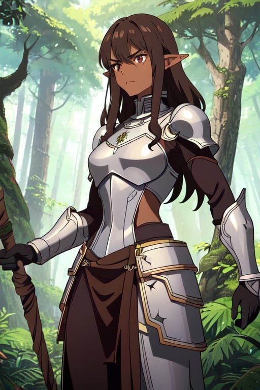 Image of elf, dark skin, long dark curly hair with bangs, dark red iris eyes, athletic, tall, strong muscles, thin, small/medium hips and bust, in light dark armor with distinctive symbols, details of marks in the armor, slight wear on the armor, dark chain mail, brown leather, cloth in light brown, brown pants, metal and cloth details, hands with cut gloves, light brown glove, alone, face showing, without helmet, frontal view, in a combat position with a weapon, a staff maded of wood and metal, weapon with details of runes, with a serious look and a serious and determined face, background of a dense forest, rich environment of herbs, plants and small insects, combat marks on the armor, blade scratches and damage in the armor