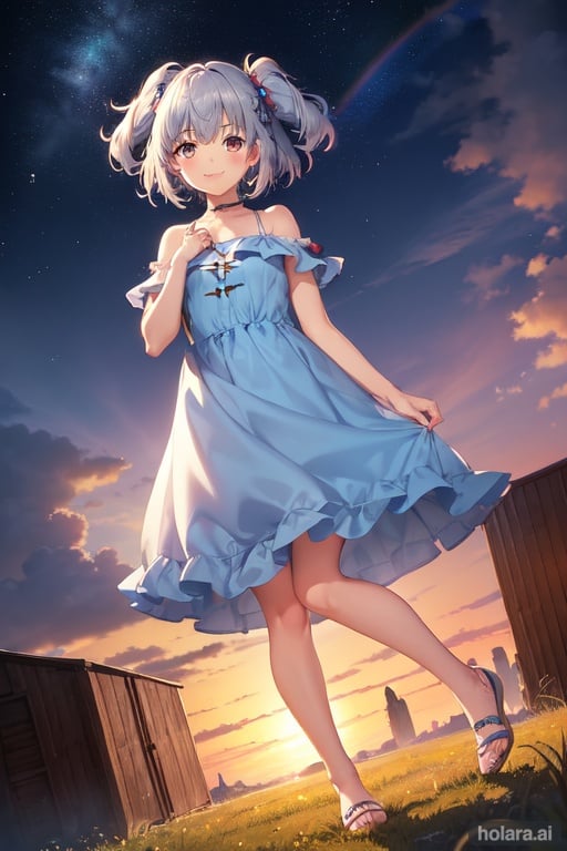 Image of 1girl, little sister, blue silver hair, two side up, messy hair, happy, brown eyes, smile, masterpiece, dutch angle, (full body)+, beautiful detailed twilight sky+, rainbow dress
