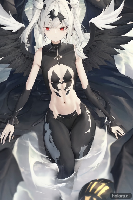 Image of A muscular and slender fallen angel, wrapped in a multitude of wings, without exposing her legs.