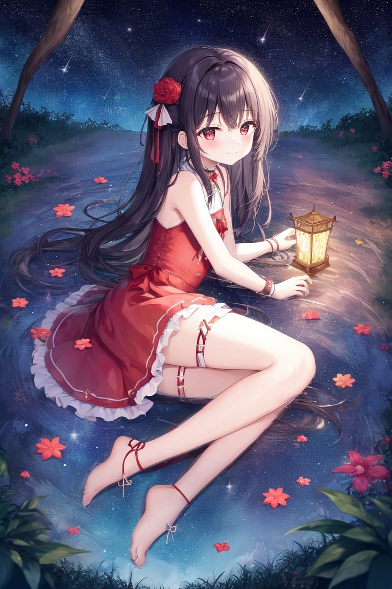 Image of (Masyerpiece)+++, best quality+, 1girl, highres, solo, (short girl)++, (small girl)+, (petite girl)+, shoulder-length hair, dark purple hair, beautiful detailed eyes, (bright red eyes)+, shy, blush, (full body)+, barefoot, hair ribbon, dress, skirt, sleeveless, (beautiful)+, (cute girl)++, lying, on side, smile, dark forest, night, beautiful sky, starry sky, cinematic light, (vivid color)+