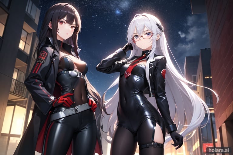 Image of 2girl,long hair,(small girl),(short girl),best anatomy,masterpiece, best quality,rerfect face,perfect anatomy,perfect face,high resolution,full body,dynamic pose,spies,in night,spy clothes,spy girls,background city,wearing dark gles,gloves,serius face,