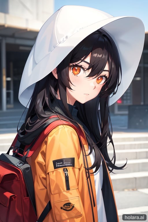 Image of black hair, long hair, orange eyes, oversized white jacket, bagpack,wind blowing, from behind, looking at viewer, head tilt,close-up, expressionless, blushing, masterpiece++,ultra-detailed++, extremely detailed++, best lighting++, best quality++, cinematic shot+, extremely detailed eyes++, sunlight+, blurred background