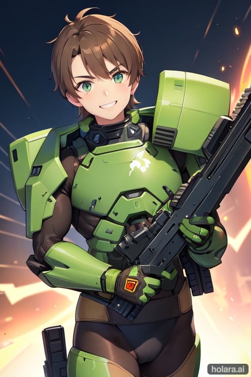 Image of boy brown hair green eyes doom power armor smile shotgun