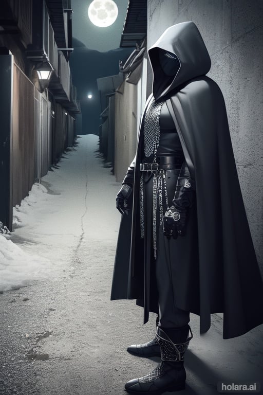 Image of 1man, (white mask), dark gray cloak, dark gray hood, chainmail, gray gloves, dark boots, edgy, from side, alley, night, big moon, original,