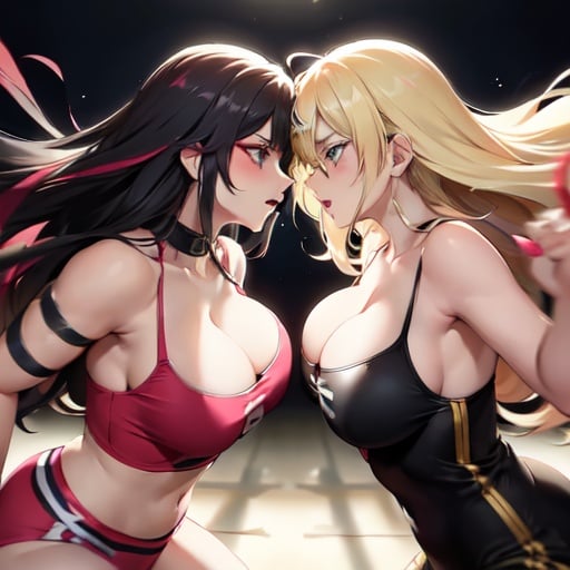 Image of 2girls, female+, long hair, messy hair, multicolored hair, makeup++, eye shadow, blonde hair, dreamlike, ethereal, perfect face++, perfect eyes++, volumetric lighting, chromatic aberration, perfect shadows, cleavage++, wrestling+++, fighting each other+++, punching each other+++, fighting+++