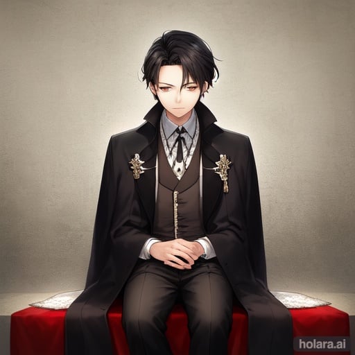 Image of high-quality, 1boy, solo, 12 years old, handsome boy, upper body, sitting, looking away, expressionless, black hair, (extra short hair)----, all ears are out, (red eyes)++, white shirts, 18th century british, frock coat,