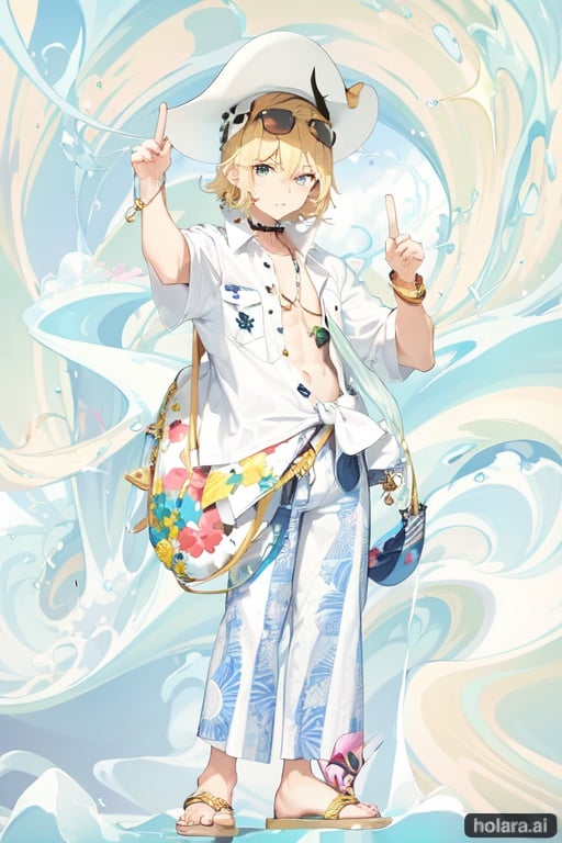 Image of 1man, white hat, sungles, blonde hair, scruiffy hair, hawaiian shirt