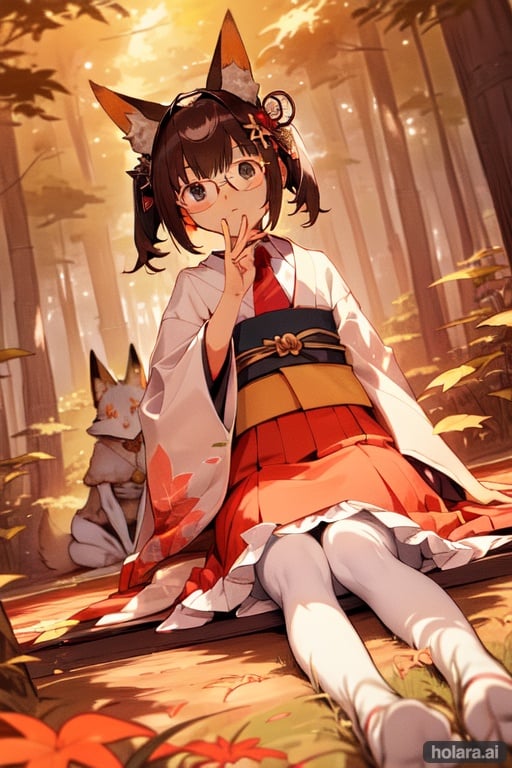 Image of 2girls, fantasy, sitting, seiza, dutch angle, fox ears, kimono, pantyhose, glasses, hair ornament, ascot, nature+++