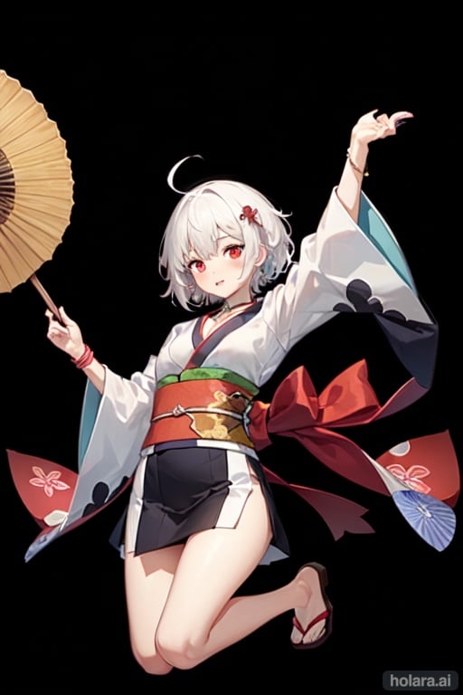 Image of dark background, a young girl, wearing beautiful traditional kimono, jumping pose, beautiful short hair, beautiful white hair, red eyes, glowing eyes, beautiful japanese folding fan, accessories, necklace, choker, bracelets, belt, blush, translucent hair, transparent hair,