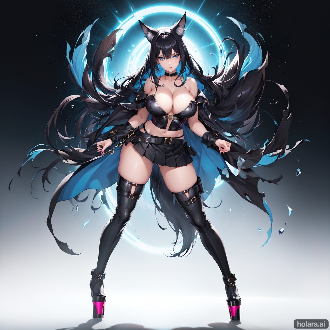 Image of full body, multicolored black hair, and blue, shiny eyes, eye reflection, parted lips, perfect eyes, (hard light, cinematic light)++, digital bending, curvy body, blue eyes, large breasts++, cleavage+, black choker, tail, fox tail, cyber city background, black choker, heel, heels, high heel, platform, platform boots, platform heels, thigh boot, thigh high boot, thigh highs, skirt, short skirt, mini skirt, pleated skirt, belt, black belt,