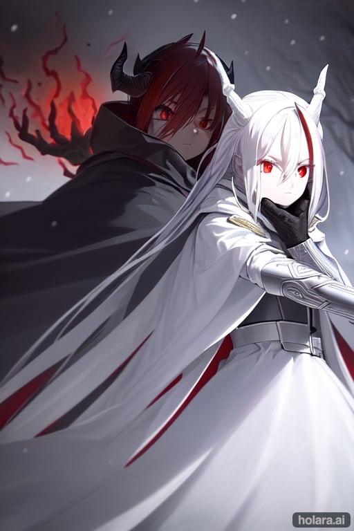 Image of from side, white hair, black coat, snowing, hair ornament, eyebrows visible through hair, (red eyes)++ (hair between eyes)++++, gloves, original, snow, scarf, intricate detail, fantasy, white theme, scenery, day,  wind, (left demonic arm)++++, holding black bow, (one horn)+++, (sad looking)+++, closed mouth,  standing, hidden armor, cape,