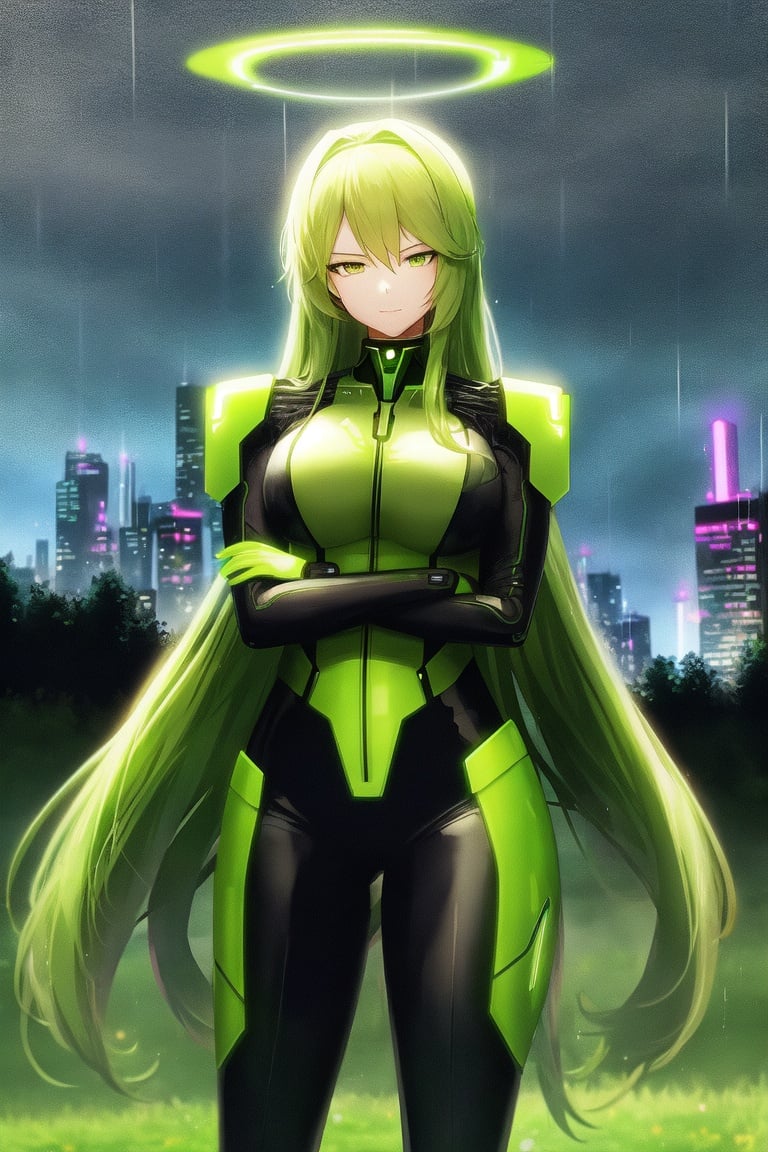 Image of cyber, woman, arms crossed, standing, rainy background, green grass, trees, futuristic city very halo far behind