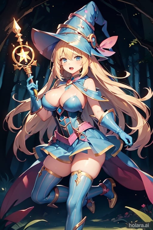 Image of dark magician girl, cute art, girl mid size growth, big boobs ,blue leather skirt with pink stripes, witch metal blue hat with pink stripes ,blue gloves, blue metal corset with gold pentagram star on chest, landscape forest, fantasy, abstract forest background, long size hair, blonde hair, eyes through hair, dark lights, forest fantasy, 5 figers, 2 arms, 2 legs, holding a blue rod, masterpiece, best quality, high resolution, multicolored blue eyes, perfect face, perfect anatomy, full body, open mouth