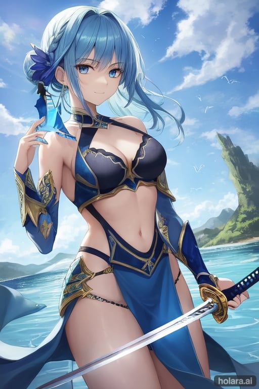 Image of Blue, Reptile, one girl, blue Scales, Reflect, Reptile Tail, Partially Covered Body, smile, Blue Eyes, Water Powers, Landscape, perfect Shaped body, visible hands, perfect hands, (Masterpiece), Hands holding a Sword, Strong girl