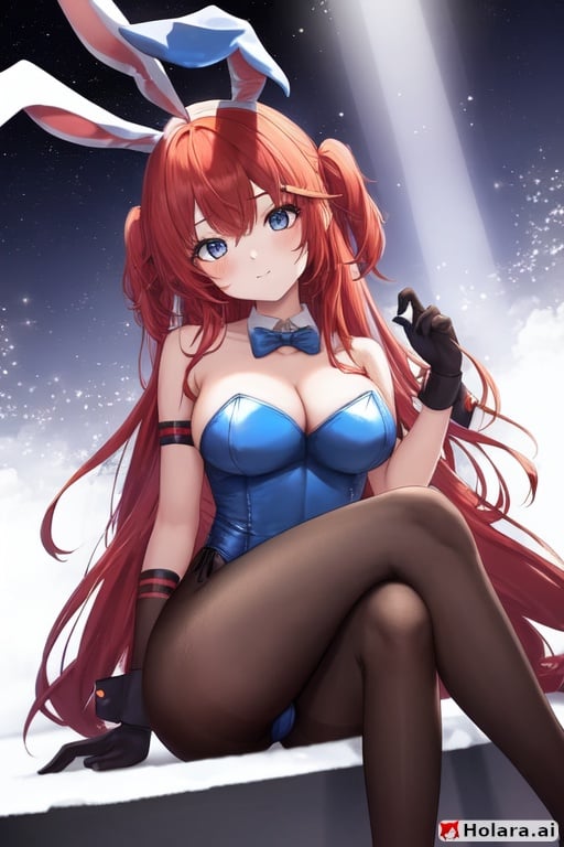 Image of 1girl, solo, crossed legs, dutch angle, (red hair)+, blue eyes, ahoge, rabbit ears, kigurumi,  onesie, pantyhose+, gloves, suspenders, armband+, starry sky