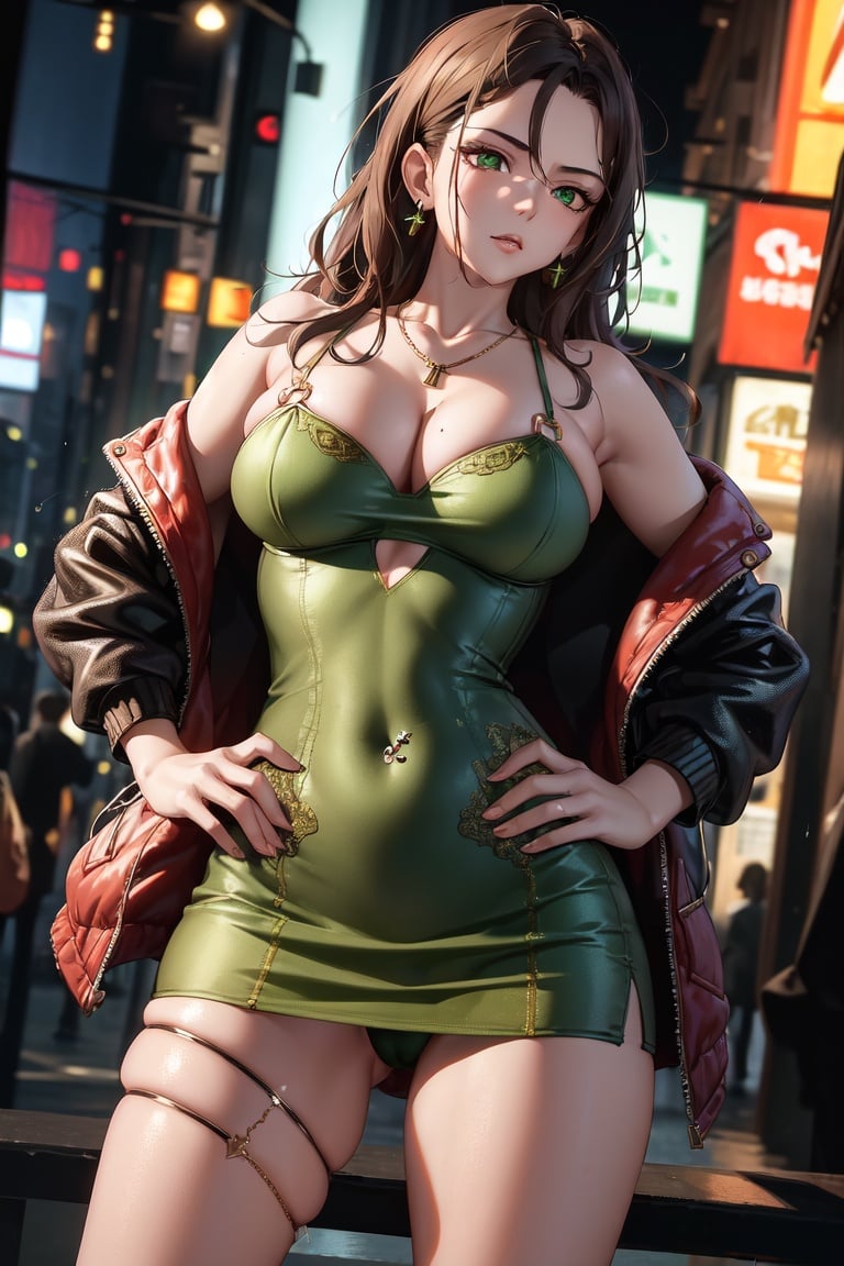 absurdres, masterpiece++, ultra-detailed++, best shadows++, best lighting++, best quality++, rim lighting,1girl, solo, piercing, ear piercing, jewelry, super shiny skin++, oily skin+, mature, mature woman, 1girl, brown hair, green eyes, large breasts++, rain, city background, green dress, panties shown, green and red jacket, necklace