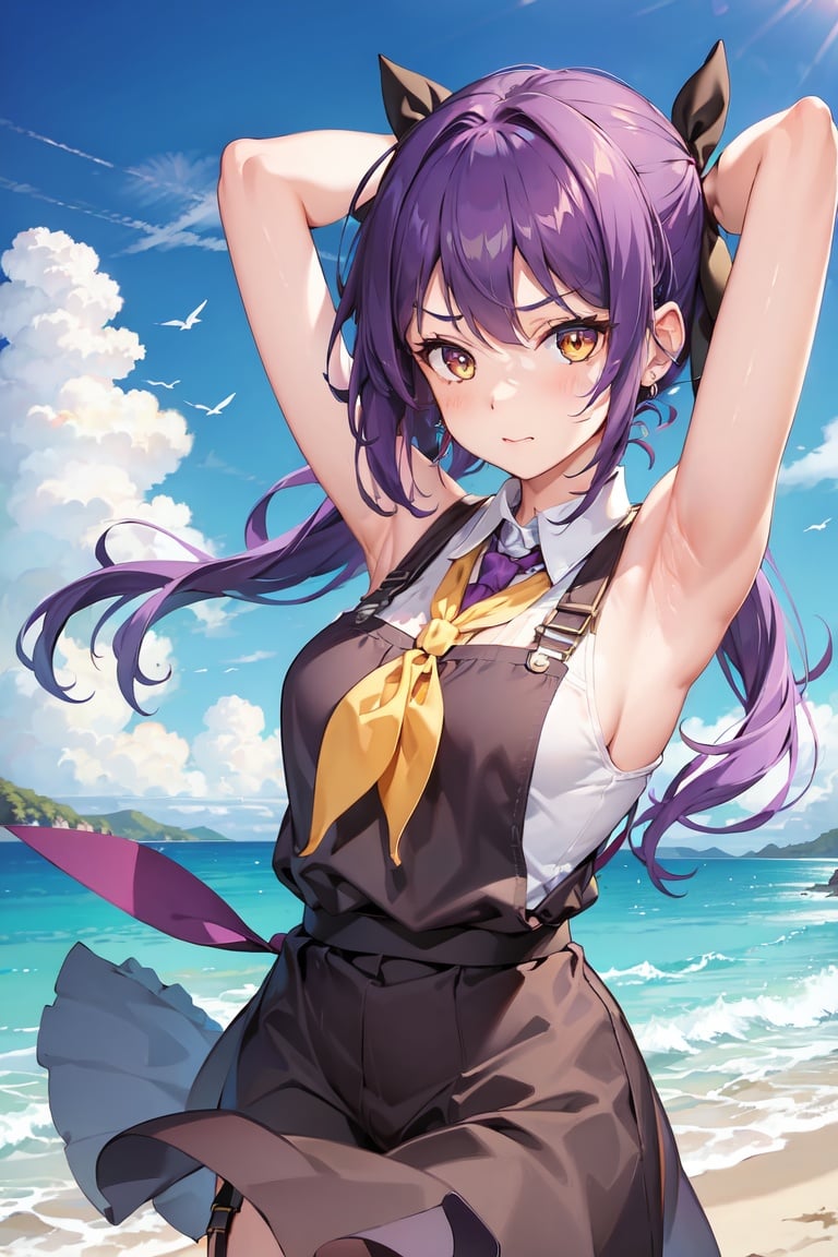 Image of 1girl, solo, intricate detail, jumping, purple hair, yellow eyes, smug, hair ribbon, hair ribbon, tank top, neckerchief, suspenders, beach