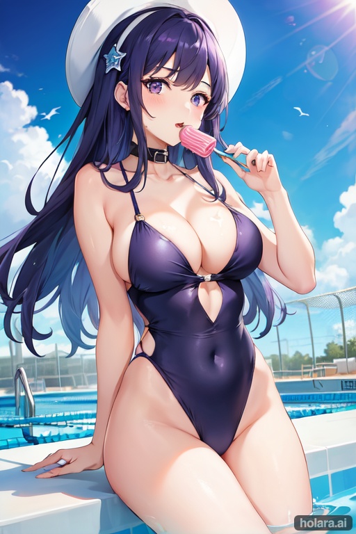 Image of (masterpiece), best quality, expressive eyes, sparkly bathing suit, cleavage, long hair, purple eyes, blue hair, at a swimming pool, eating candy