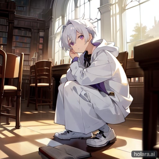 Image of 1boy, solo, cute, sitting on chair, white hoodie, white hair, violet eyes, kneeling, library+, apparatus+, sharp focus, book, sunlight, window