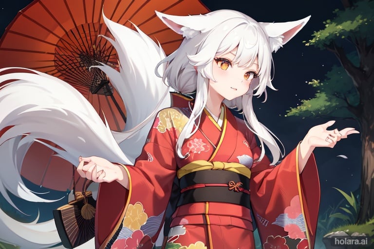 Image of foxgirl,kimono,forest background,white hair