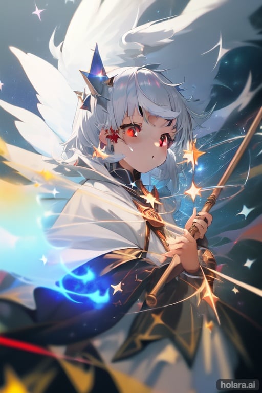 Image of Little witch girl, white silver hair, moonshine, red eyes, witch cloak, fire magic, fire flames, 1girl, solo, (starry sky)+++, flames around her, magic circle,  soft lighting,  magic wand, fly with broom, spell, halo above head, look from front, wings, star dressed, night, (masterpiece)+++, summons fire with her wands, sworld fire 