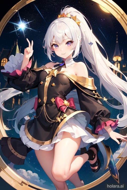 Image of masterpiece++, best quality++, ultra-detailed+, kawaii++, cute, lovely+, full body, in the middle, gradation, castle, magic circle, Starry sky, a cute girl, 1girl, solo, witch, beautiful white hair, beautiful black eyes, beautiful eyes++, ponytail, smile, sparkling effect, heart effect,Right hand holds a stick with a star-shaped tip.