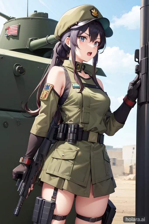 Image of Anime female soldier beside a tank tank top, long hair, open mouth, blue eyes, military, military uniform, skirt, gloves holding sniper rifle, wearing soldier helmet
