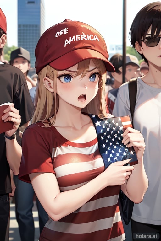 Image of (Red cap with white texts)+++, 1girl, (in a protest)+++, angry face+, (holding the American flag with hands)+++, blonde hair, blue eyes+, white shirt, crowd, daylight 