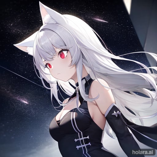 1girl, solo, starry sky,  white hair, long hair, cat ears, red eyes, dutch angle, surprised