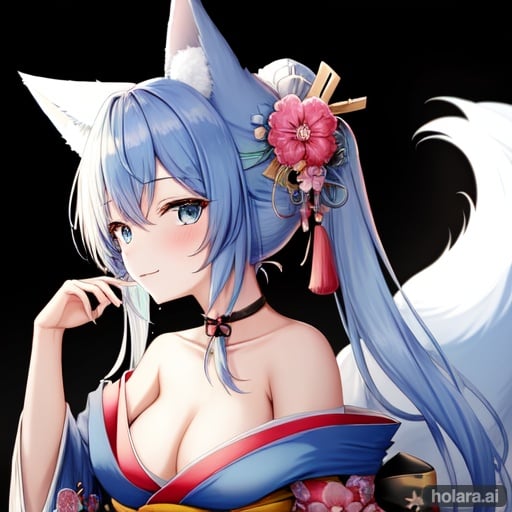 Image of 1Girl, fox ears, twin tails, light blue hair, fox tail, blue eyes, wearing a kimono, blue cheeks