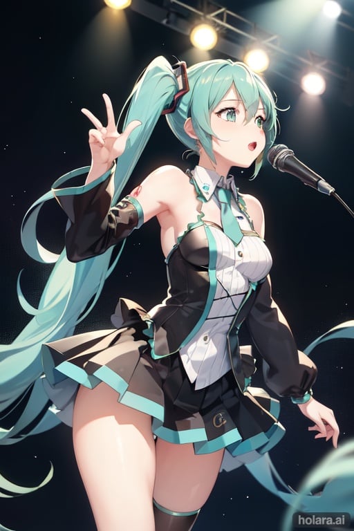 Image of hatsune miku, vocaloid, twintails, aqua hair, aqua eyes, concert, singing, high quality, 4k, 8k, masterpiece