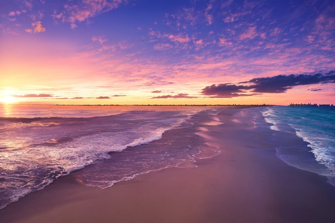 Image of scenery, beach, sunset+, outdoors, waves, cloudy sky