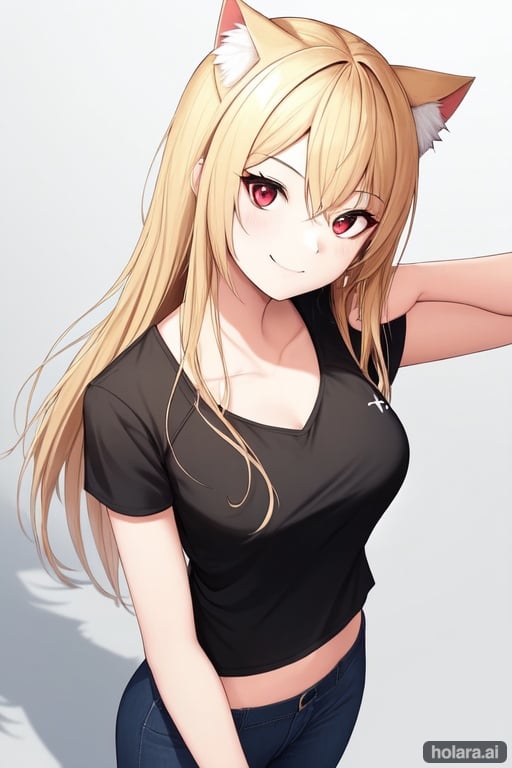 Image of 1girl, solo, from above, simple background, smile, t-shirt,casual, blonde hair, long hair, cat ears, red eyes