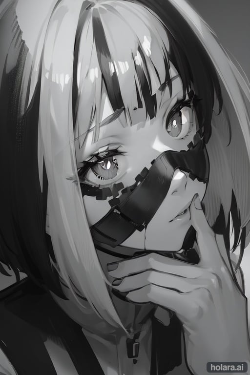 Image of 1girl, solo, focus, greyscale+++, monochrome+++, slit pupils+++, blood on face+++, looking at viewer+++, short hair++