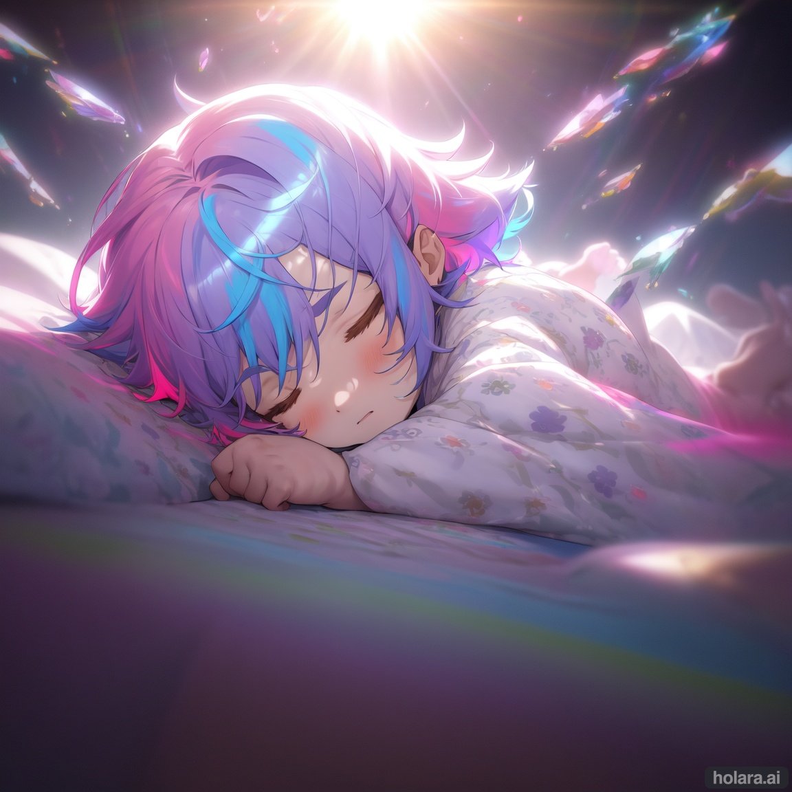 Image of 1male, small boy, (multi-coloured hair)+, sleeping, dreaming, opaque gl, light pastel, neon, (colourful)+, bright colours, brilliant, glowing, (radiant)+, vivid, lively, animated, dramatic, picturesque, phenomenal, (beautiful lighting)+, sun beams, male focus, eyebrows visible through hair, beautiful eyes, fantasy, (unique)+, (symmetry)+, (no deformation)+