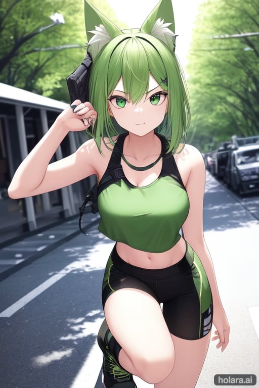 Image of 1girl, solo, running--, green hair, green eyes, :p, dog ears, tank top, boots, zipper, park