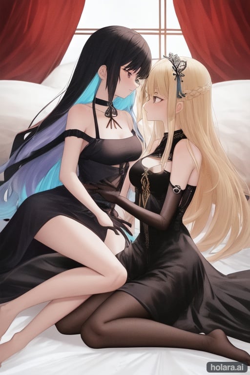 Image of (masterpiece), best quality, expressive eyes, perfect face, couple with blonde hair on the same bed next to each other, 2girls, colored inner hair, dresses, twins, long hair, bedroom, multicolored hair, two-tone hair, looking at each other, blonde hair
AND multicolored hair, two-tone hair, red hair, blonde hair, long hair, blue eyes, aino minako, kneeling, black silk nightgown, black silk gloves, long gloves, black pantihose, red silk sash with ribbon, black crown, playful expression
AND multicolored hair, two-tone hair, black hair, blonde hair, long hair, blue eyes, aino minako, sitting, bandages on legs and arms, white bridal dress, white gloves, white stockings, metallic black collar with chain, white bridal veil, empty expression, smile, black heart stamp on a cheek 
