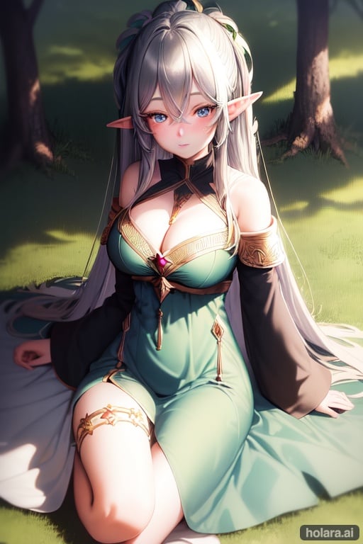 Image of masterpiece++, overdetalization++, pixiv++, best shadows++, best lighting++, best quality++, elf girl, blue eyes like the sky, stars are reflected in the eyes, long elf ears, fantasy open dress++, open hips++, open legs++, black hair touches the ground, white-green dress, open shoulders++, open chest++, big breasts++, look at the camera, look at the camera, sitting on the gr in the forest, forest background, surprise, gentle eyes, gentle smile, soft pink lips, pink lips, eyeliner on the eyes, blush on the cheeks, displacement on the cheeks, embarred, long eyelashes, beautiful eyes