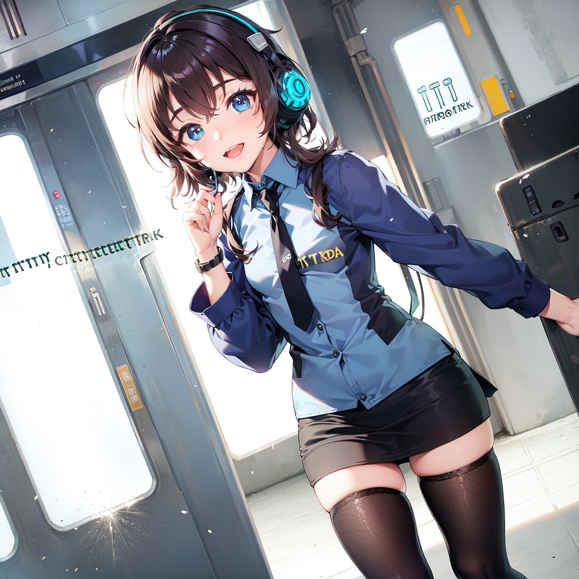 Image of (City street park metro station)++++++ (2 girl)+++, (middle breast)+, (cyborg mecha girl, impossible clothes)++++, (stylish angle)++++, (necktie)+++, jitome, (typography industrial Design headphone)++++,(cute loli)++, (cropped bangs)---, (braided bun)--, (drill hair)--, (lower bobbed hair)++, braid, (Twin tail)+++, (pony tale)+, (look at viewer)+++, ((open mouth)+++ smile Love emotion)+++, (in heat, wide eyes, blush)++, (detached sleevs, very wide sleeves)++++++, (mecha school uniform)+, (blue mecha corset miniskirt)++++++, (1 cyborg android middle chest loli)++++, (masterpiece, (excellent finely detailed, best quality), ultra-detailed), (stylish angle)+, (gleaming skin)+++++, glow eyes, (eyes highlight)++++, tsurime, (choke barrette beret cuffs)++++, (black gloves, slobber, material texture), (beautiful light effect)+++++, (beautiful scene)++++++