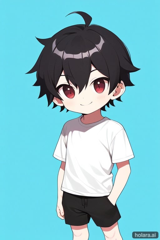 Image of 1 boy, chibi, t-shirt without sleeves. short pants, smiley, flat colors, simple background