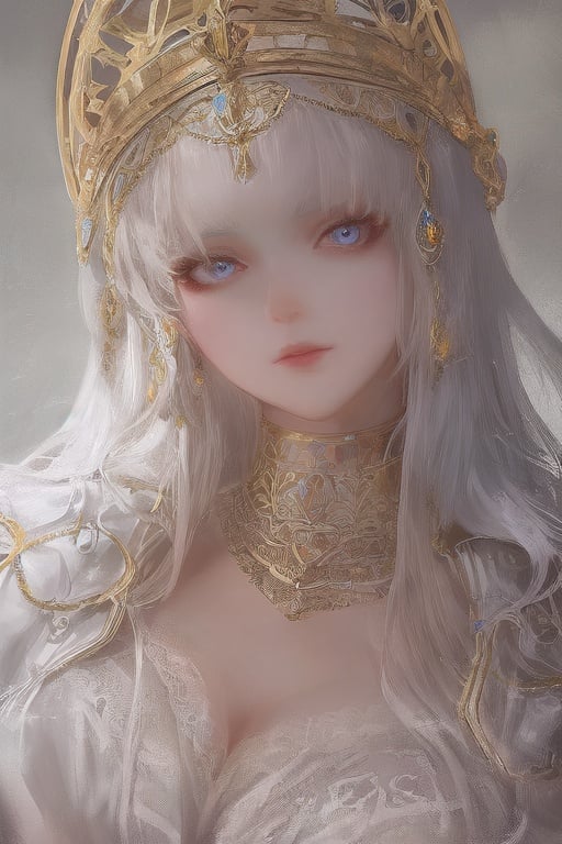 Image of Innocent girl, extremely detailed face, big eyes, thick eyelashes, EGL gothic fashion style, white hair, halo behind head, gold leaf, close up, sketch, by Alexandre Cabanel, by Peter Mohrbacher