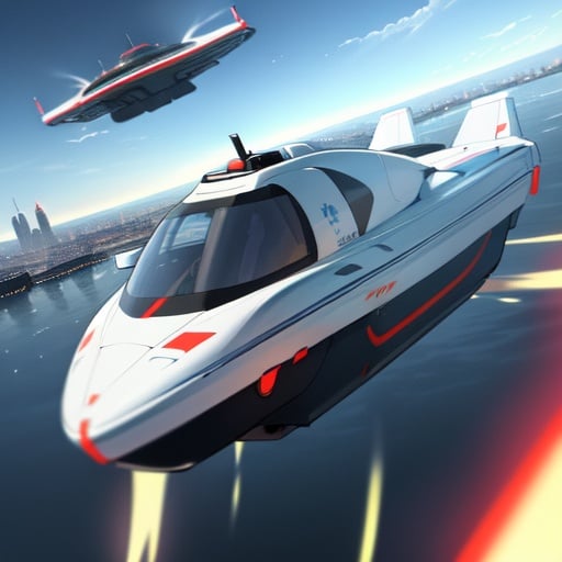 Image of 1woman, (futuristic hovercraft)++ floating vehicle, driving hovercraft++, racing someone+++, racing in sky++, sky in background, futuristic cityscape+, multiple people, ultra detailed+, masterpiece, perfect face+, having fun+