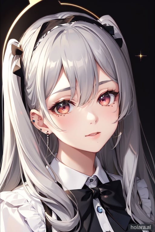 Image of masterpiece++, ultra-detailed++, pixiv++, best shadows++, best lighting++, best quality++, cinematic shot, rim lightning, close up++, 1girl, solo, piercing, ear piercing, twintails, mole under eye, looking at viewer, bow, bangs, black nails, mole, hair bow, jewelry, grey eyes, white hair, closed mouth, hands on own face, long hair, portrait, earrings, halo, nail polish, grey hair, white bow, frills, hairband, sparkle, black background