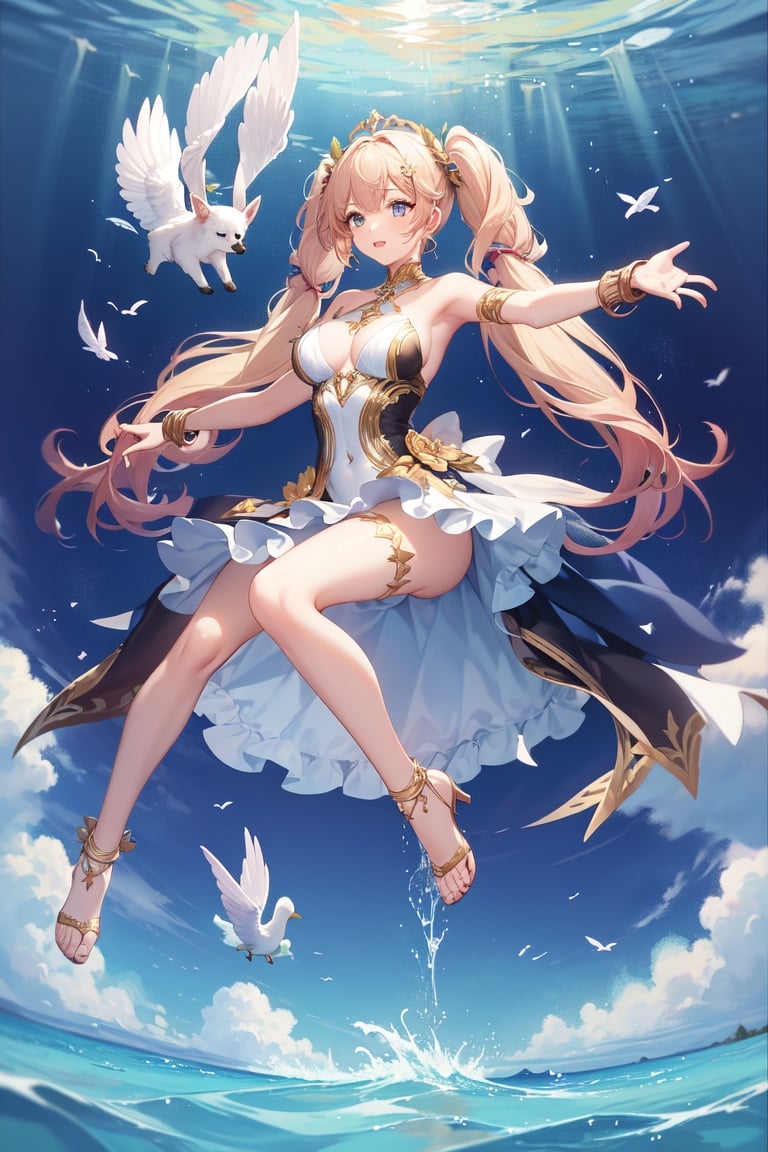 Image of flying,1girl, goddess++, dress++, curvy, long hair, twintails,  levitation, floating