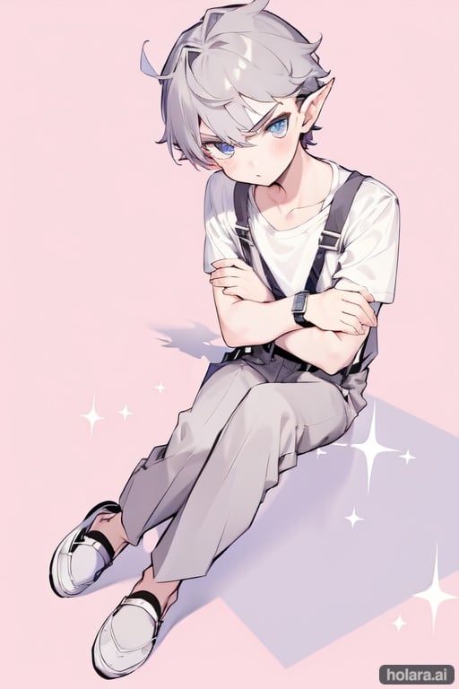 Image of 1boy, solo, (crossed arms)++, from above, :o, pointy ears, t-shirt, casual, shoes+++, watch, suspenders, zipper, starry sky