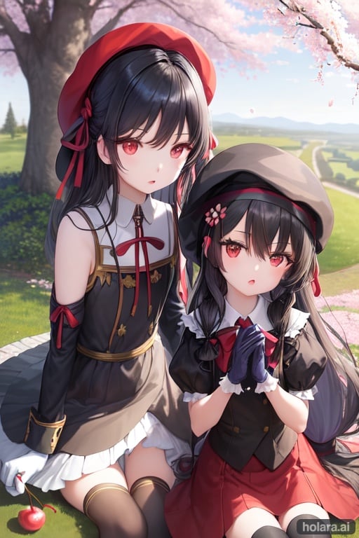 Image of (1boy)+, (1girl)+, long hair, open mouth, blue eyes, skirt, hair ornament, simple background, dress, gloves, thighhighs, ribbon, hat, holding, hair between eyes, garden, original, cherry blossoms, tree, day, (sitting with each other)++, bare shoulders, red eyes, black hair, hair over shoulder, closed mouth