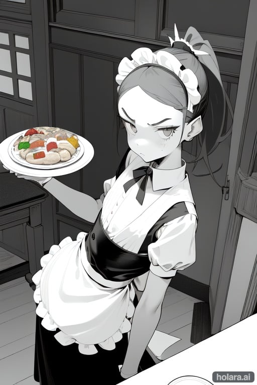 Image of 1 woman, waitress, maid headdress, maid apron, maid dress, ponytail, slim, flat chest, small hips, annoyance look, (serving a dish)++, from below, staring at the viewer, restaurant, (flat colors)++, (greyscale)--