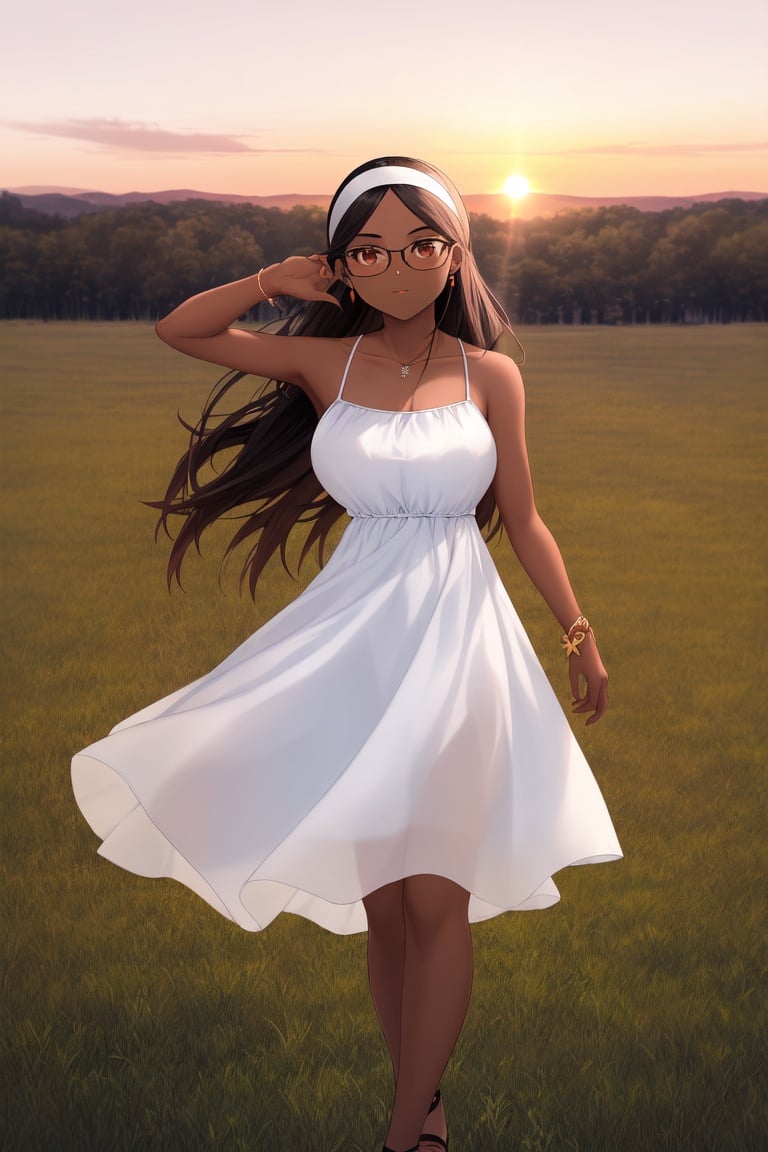 Image of absurdres, 1girl, dark-skinned female, long hair, black hair, brown eyes, large breasts, gles, sundress, white dress+, sandals, earrings, white hairband+, outdoors, meadow, sunset++, looking at viewer, dutch angle, blowing kiss
